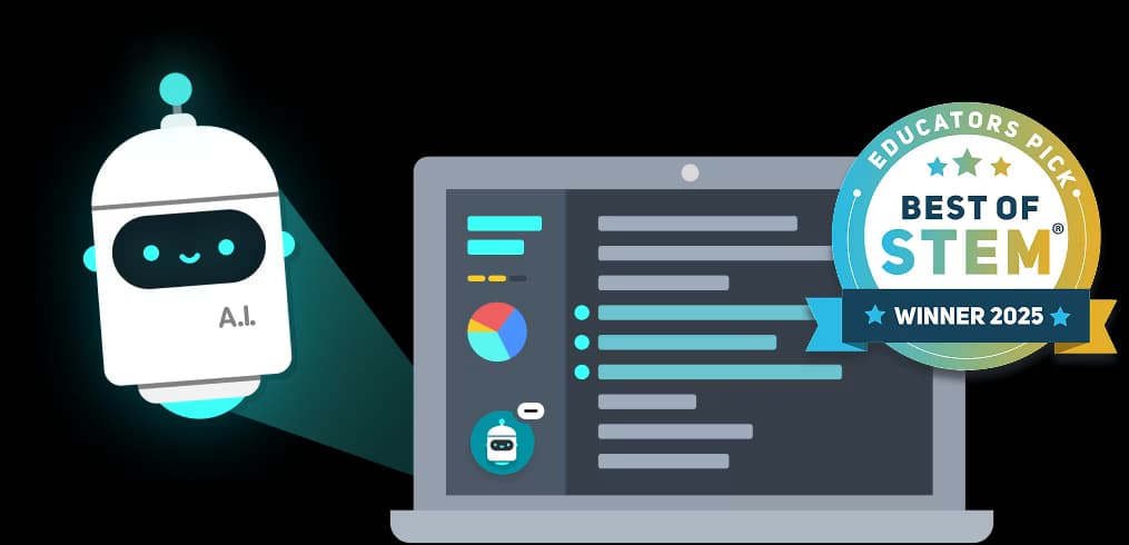 Illustration of a friendly robot labeled ‘A.I.’ projecting onto a laptop screen that displays colorful charts and code. To the right is a circular badge reading ‘Educators’ Pick – Best of STEM Winner 2025.